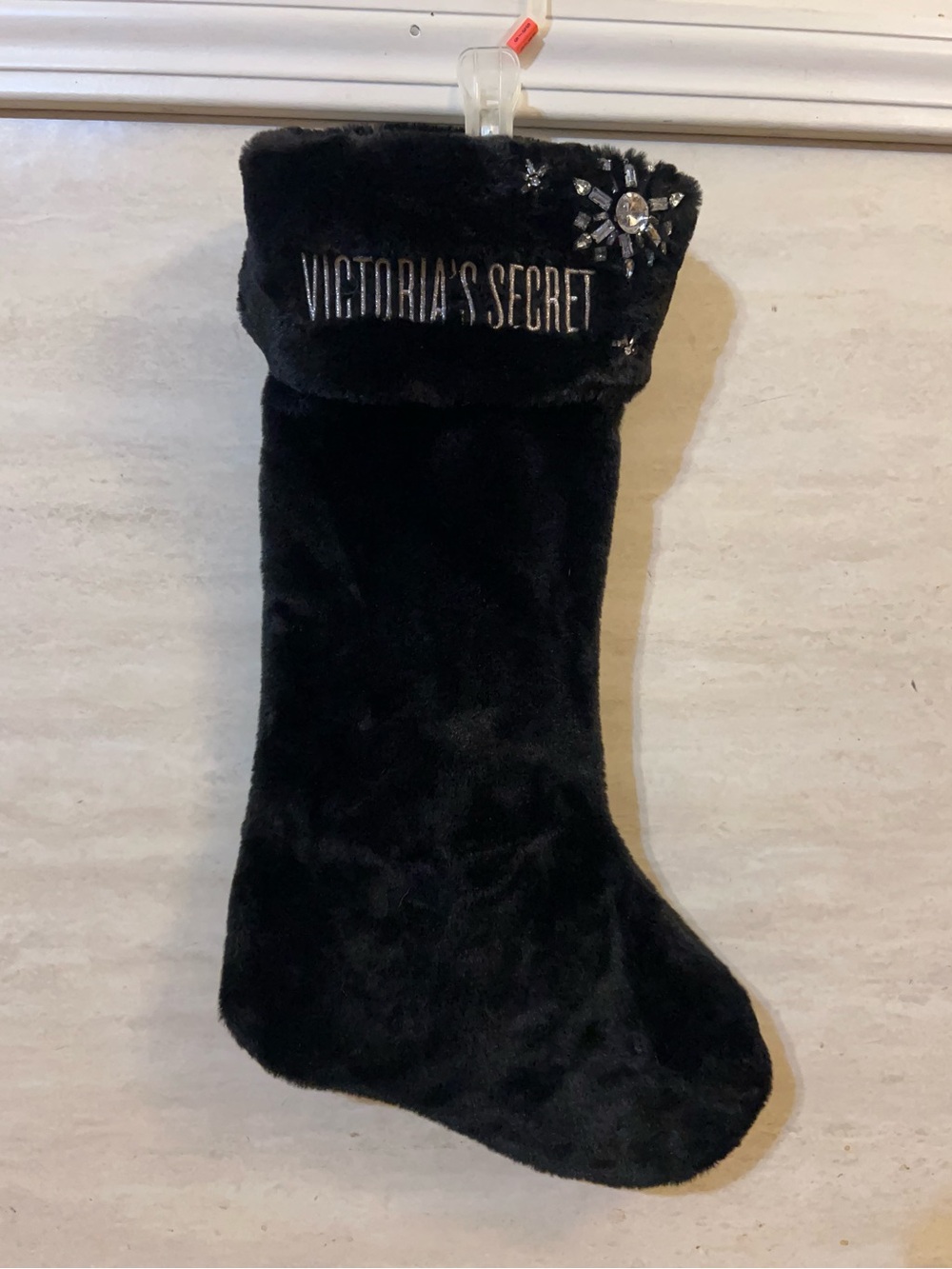 Victoria's Secret Luxe Faux Fur Black Plush Holiday Stocking with Jewel Accent
